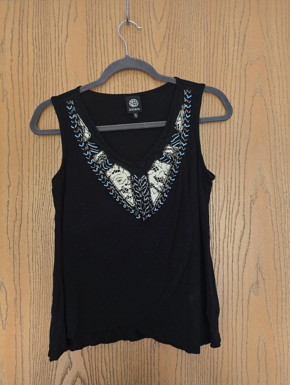 bobeau Black Sleeveless V-Neck Tank with Blue and Cream Embroidery